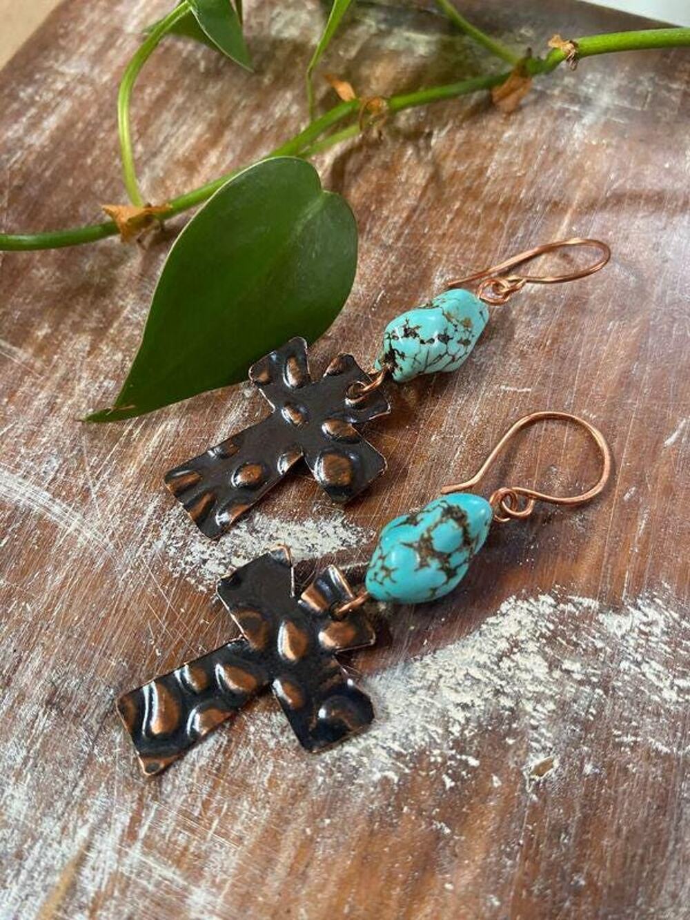 Copper Cross Turquoise Earrings – Handmade Boho Southwestern Jewelry